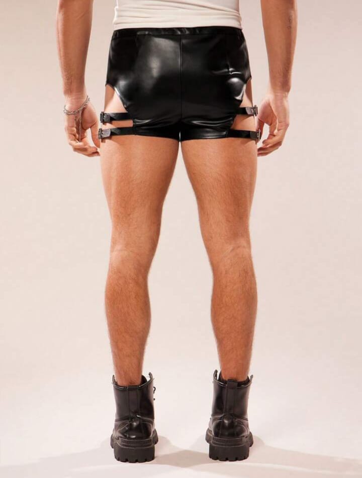 Men's Solid Color Zipper Front PU Leather Cutout Eyelet Snap Closure Shorts